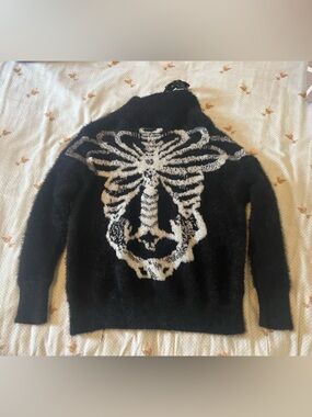 Black Fuzzy Skeleton Graphic Sweater - Women's